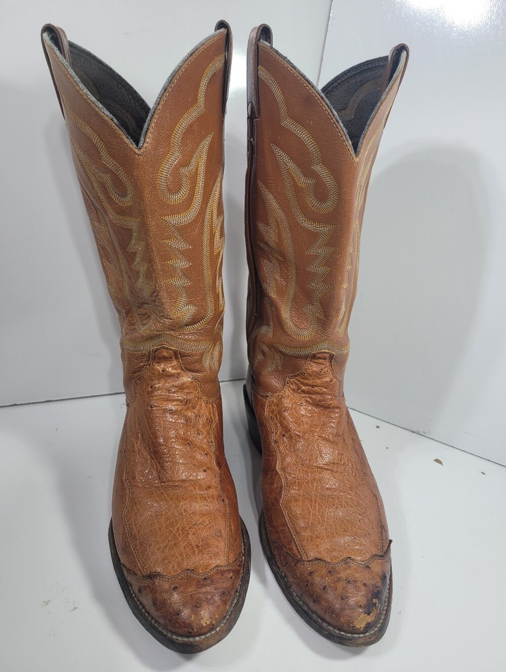 Vintage Justin Ostrich Cowboy Boots Brown Leather Western Mens Size 10 EE Wide